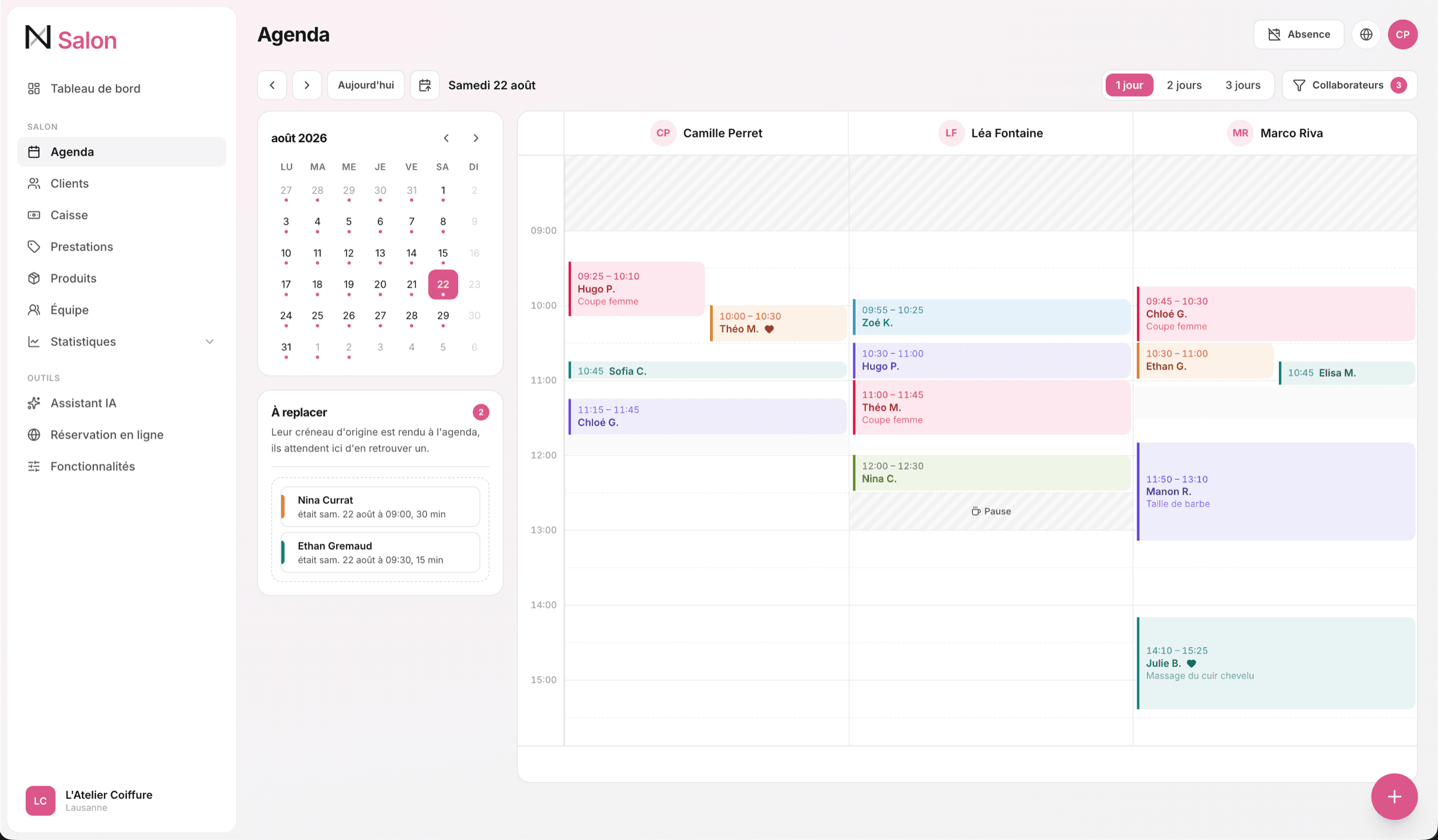 L'agenda Nuasix Salon, une colonne par collaborateur et les rendez-vous en couleur
