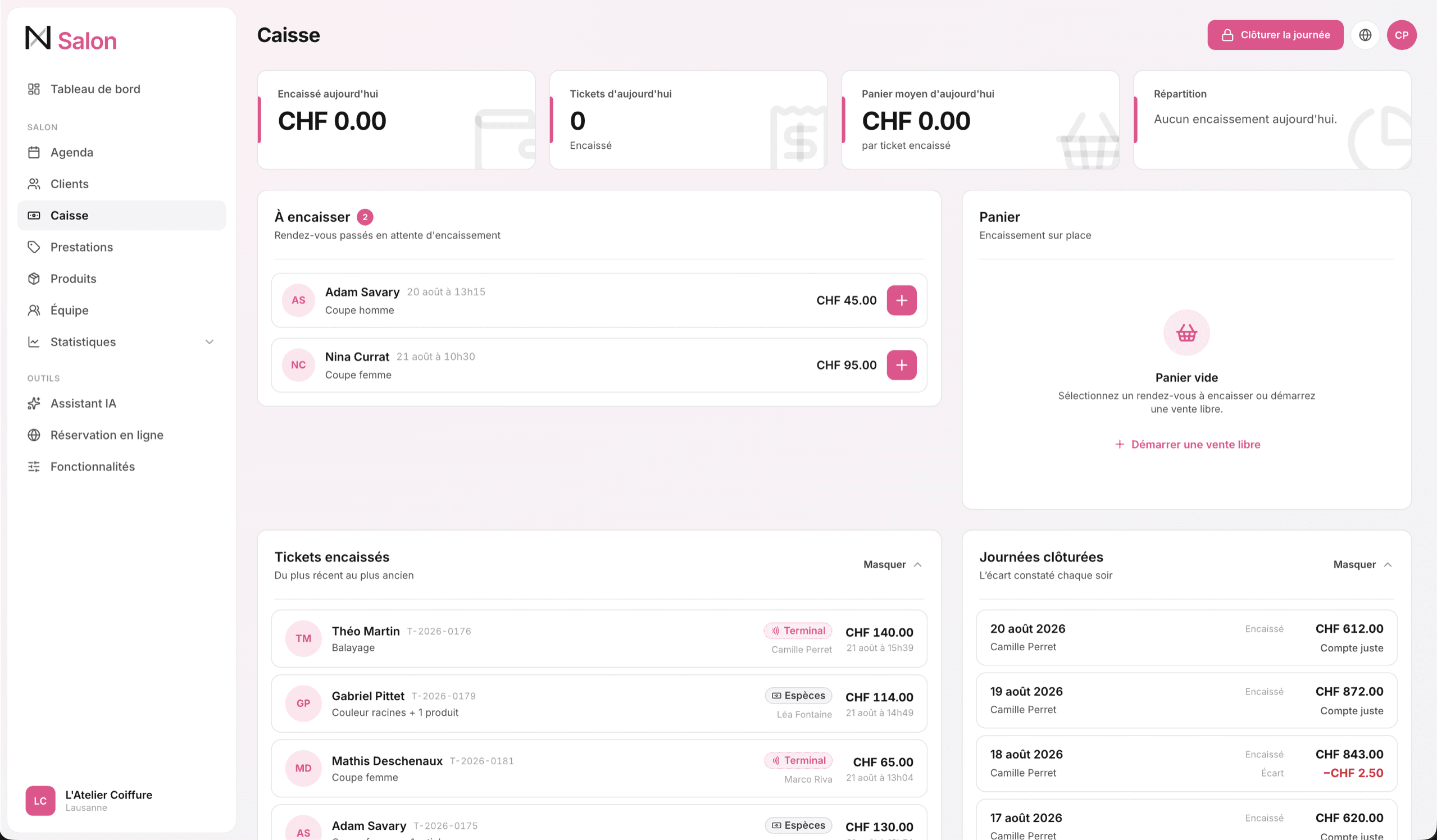 La caisse du jour, encaissements et tickets