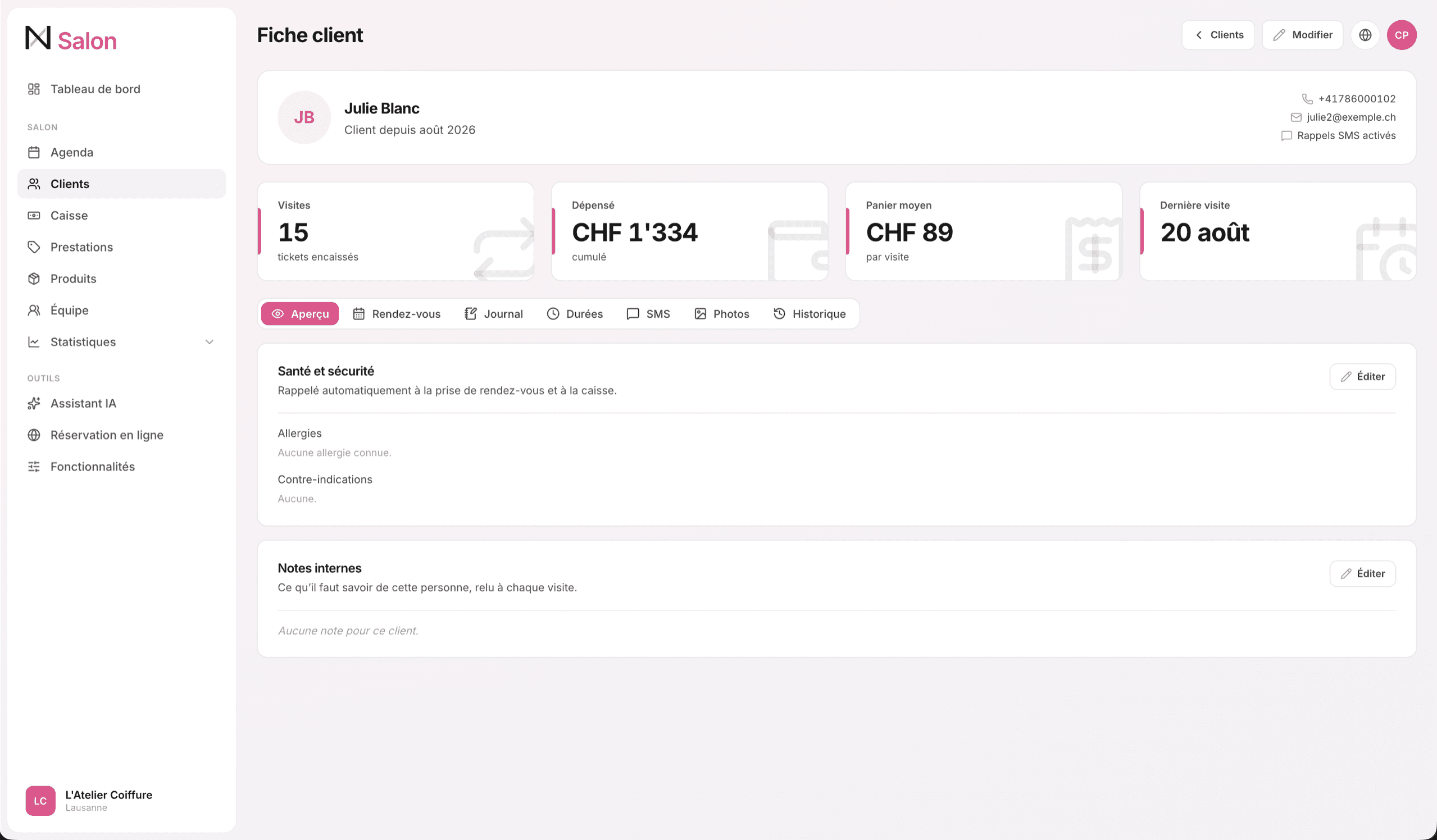La fiche cliente dans Nuasix, santé, visites et dépenses cumulées