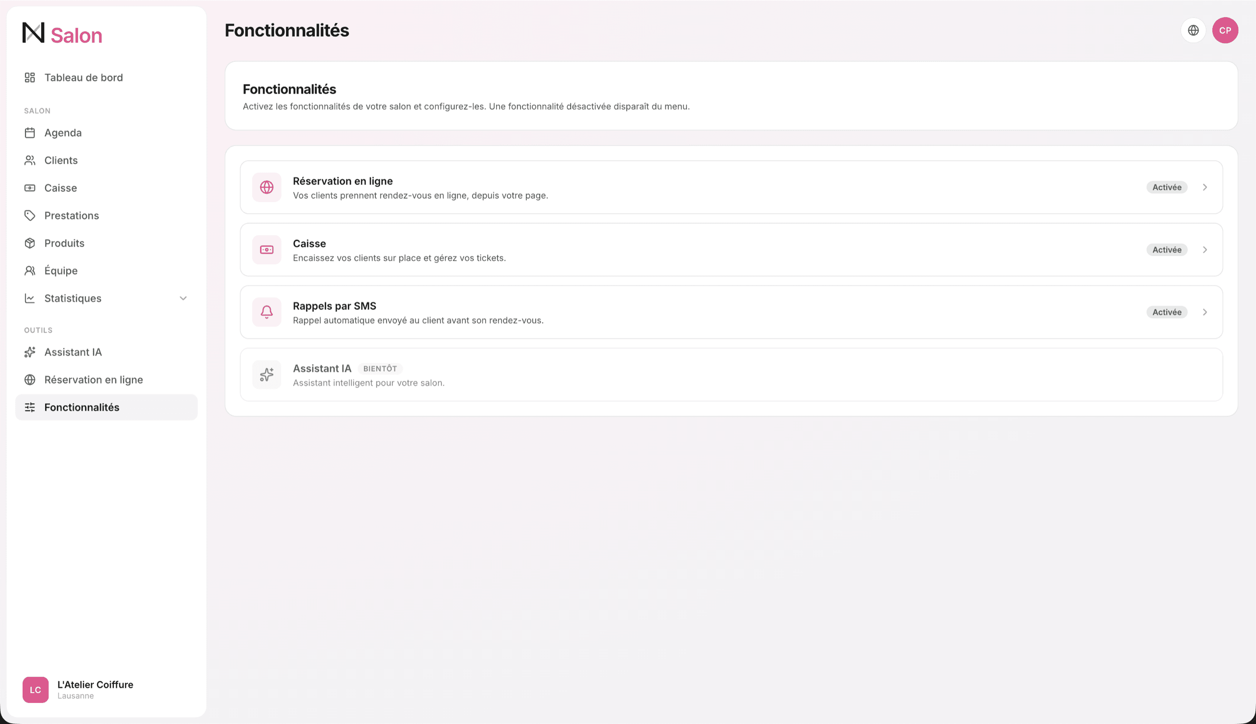 Les fonctionnalités du salon, rappels SMS activés
