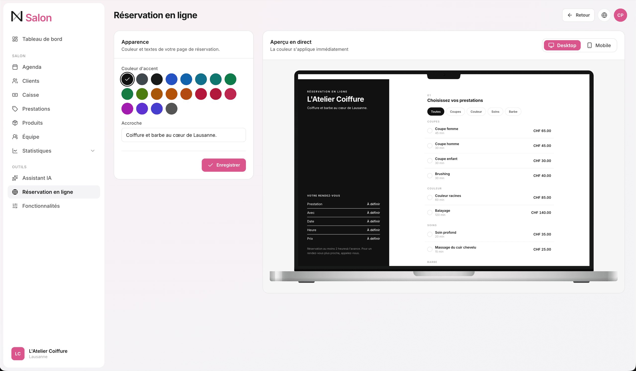 La page de réservation en ligne, personnalisée aux couleurs du salon